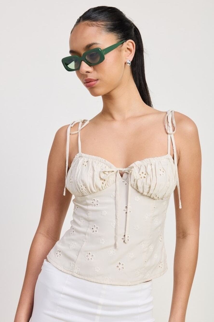 COQUETTE Cream Eyelet Tie Shoulder Ruched Bustier Cami Top s Cottagecore Fairy